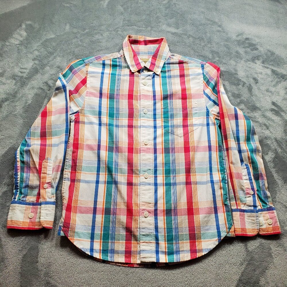 True Craft Button Down Long Sleeve Plaid Shirt Orange Blue Salmon Teal Yth Sz M